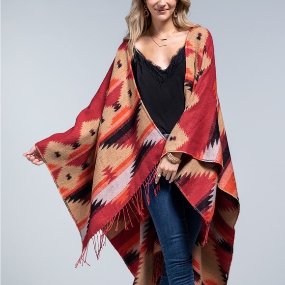 NWOT, Western Aztec Wrap, Ruana, Poncho, Shawl, Cape, One Size Fringe Oversized - Picture 12 of 13